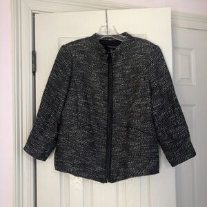 Eileen Fisher Womans Petite Med Tweed Linen Jacket Black Leather Trim Classic‎